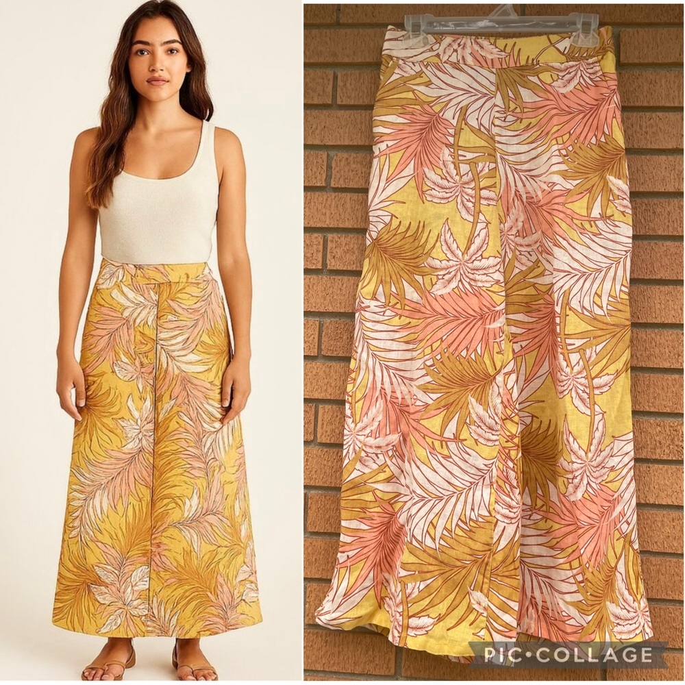 New Tahari Wide Leg Palm Tree Leaf Fern 100% Washable Linen Pants Trousers